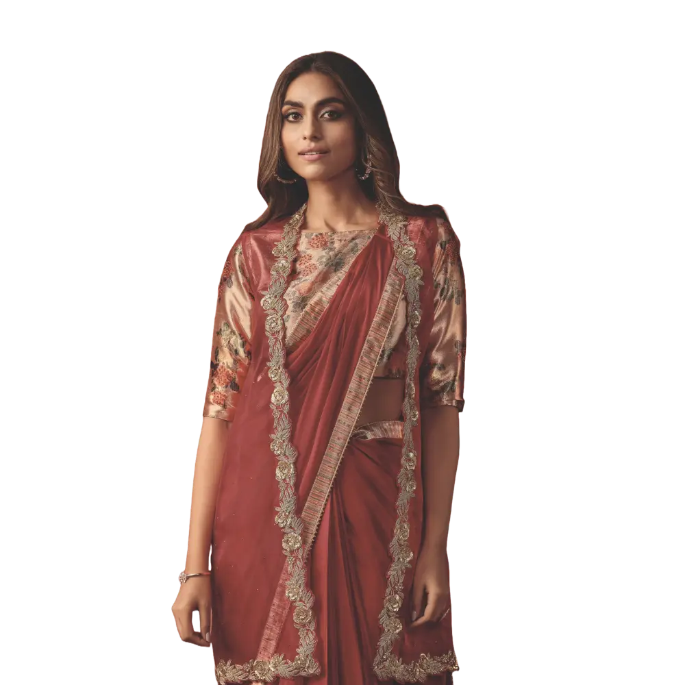 Brown Color Designer Saree with Embroidery Work