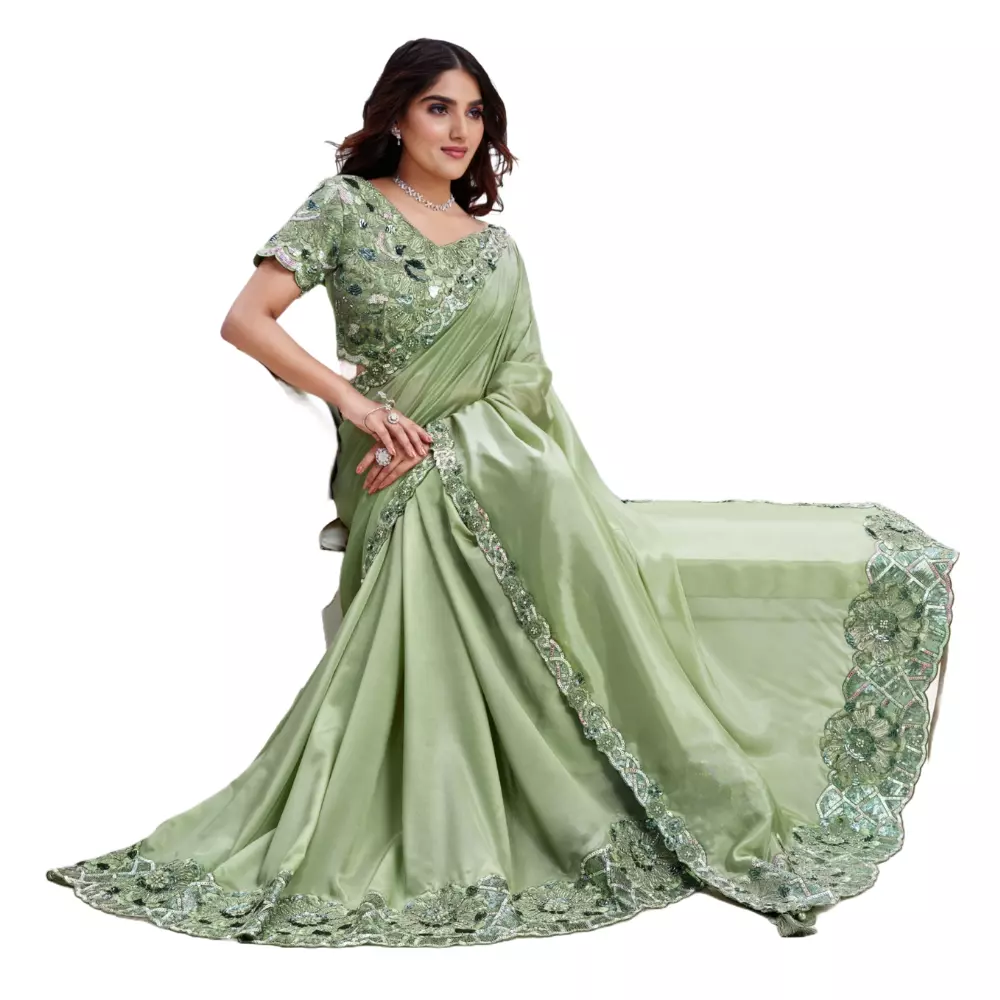 Green Color Ikkat Saree With Kashmiri Work